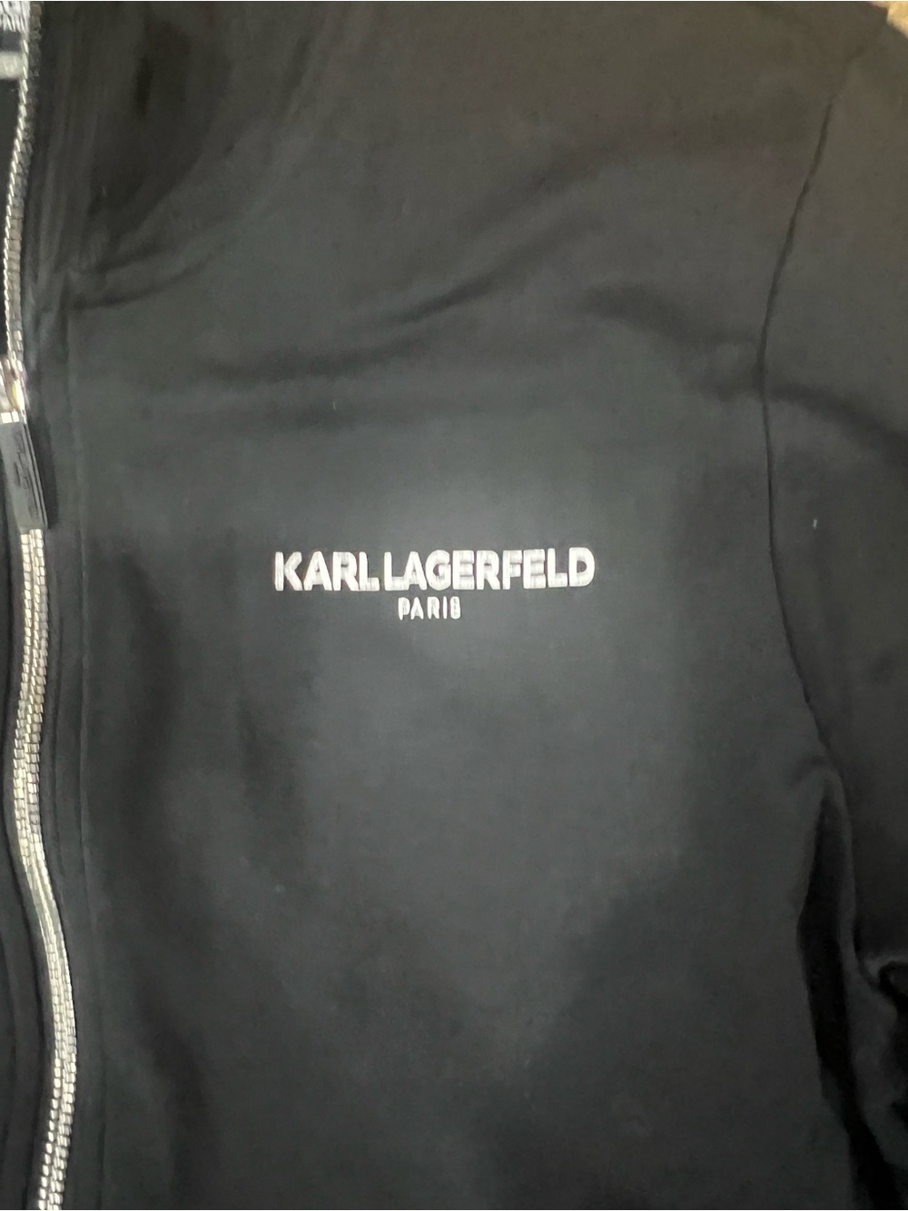 Karl Lagerfeld Black Bomber Jacket with silver logo tape stripe size Large - Picture 3 of 4